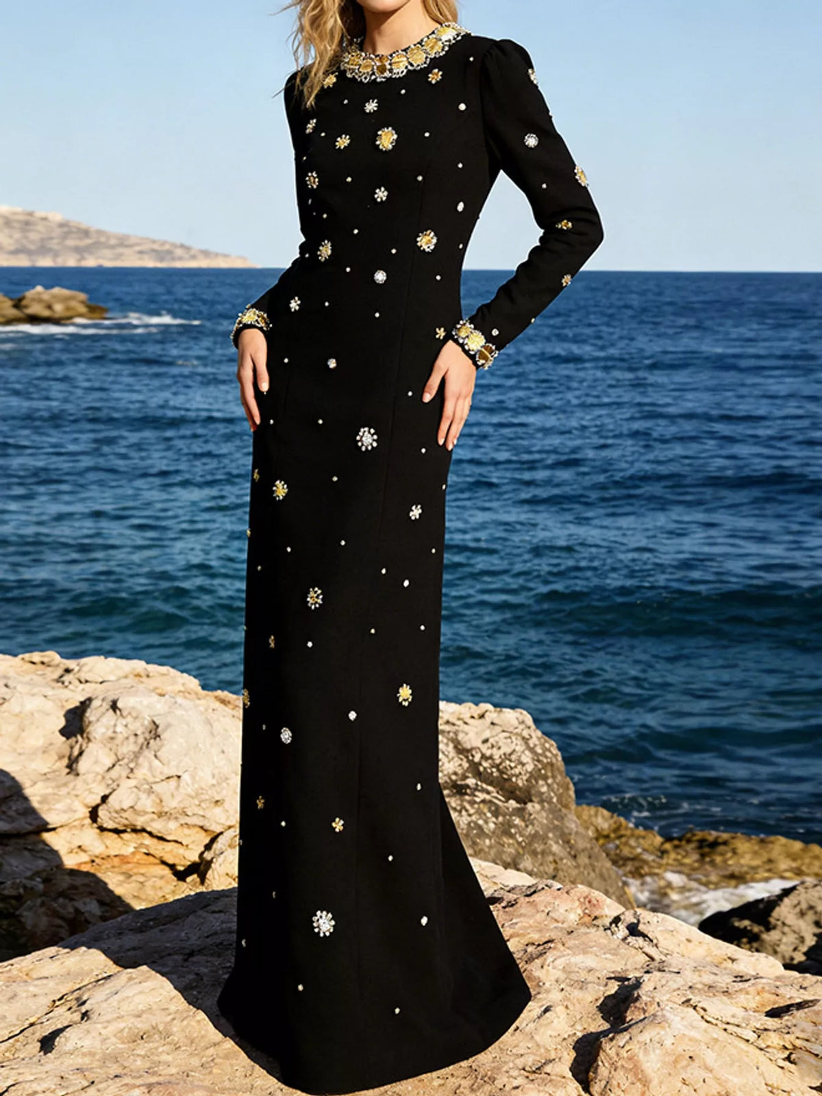 Black rhinestone long sleeve maxi evening dress