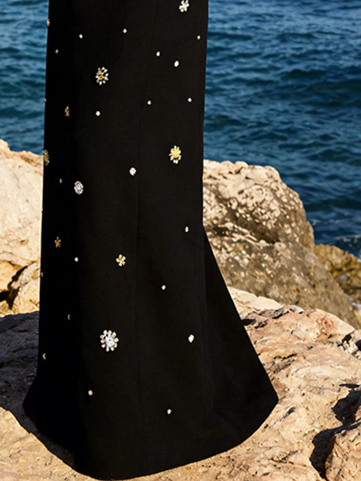 Black rhinestone long sleeve maxi evening dress
