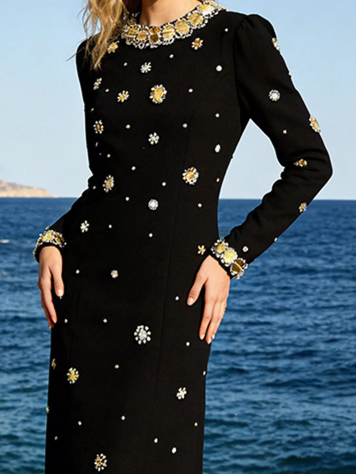 Black rhinestone long sleeve maxi evening dress
