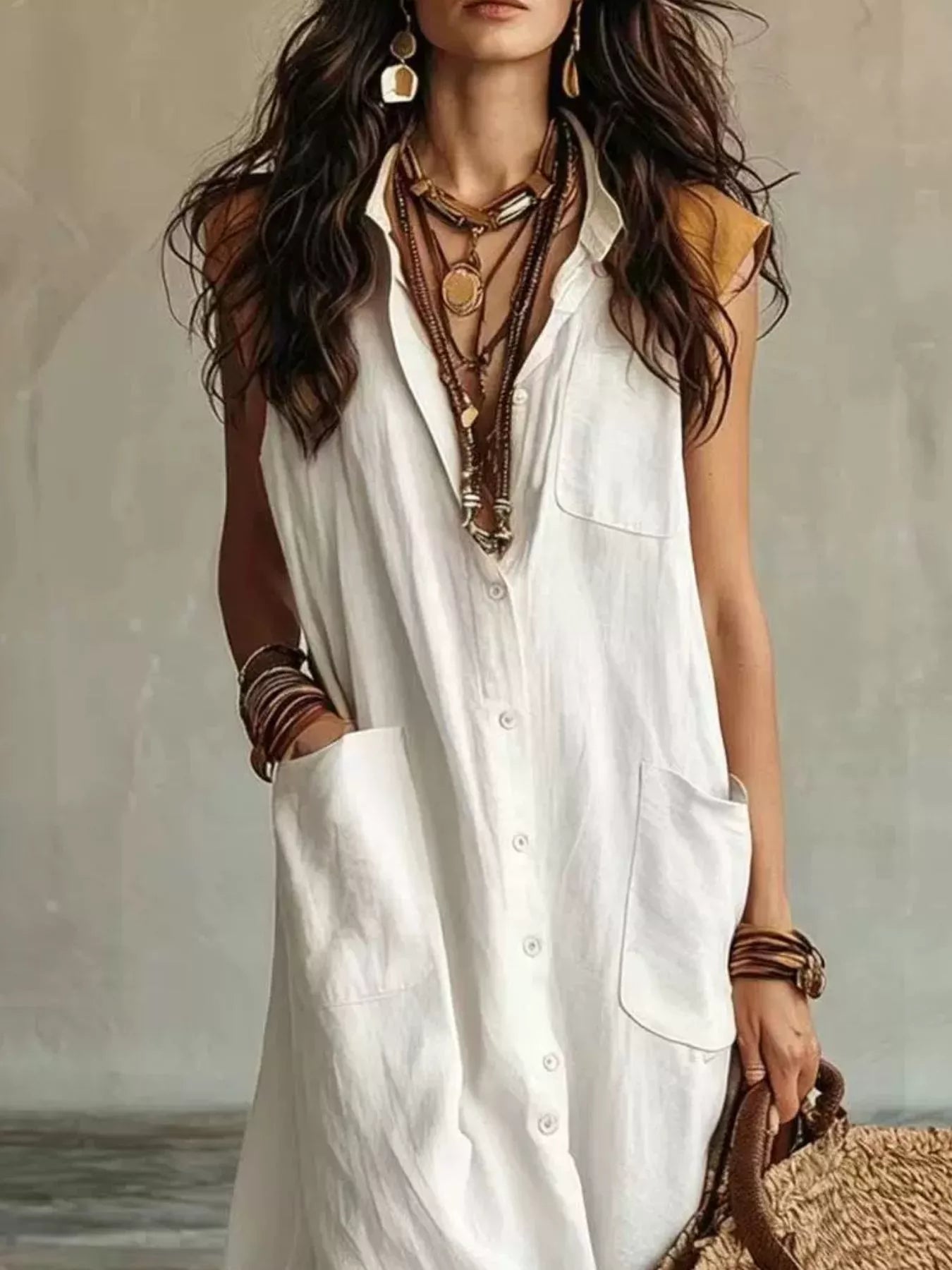 Trendsi Sleeveless Button-Down Linen Maxi Dress -