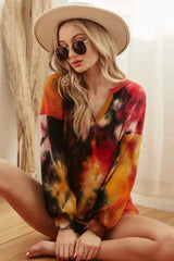 Trendsi BiBi Tie Dye Brushed Waffle Top With Bubble Sleeves -
