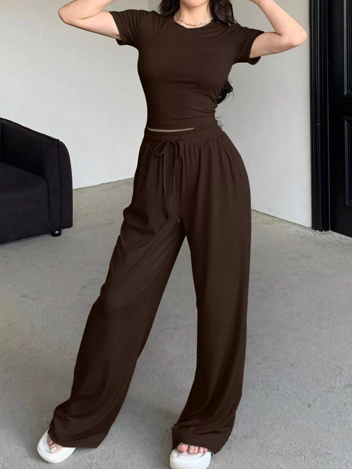 Trendsi Solid Color Short Sleeve Crop Top and Wide Leg Pants Set -