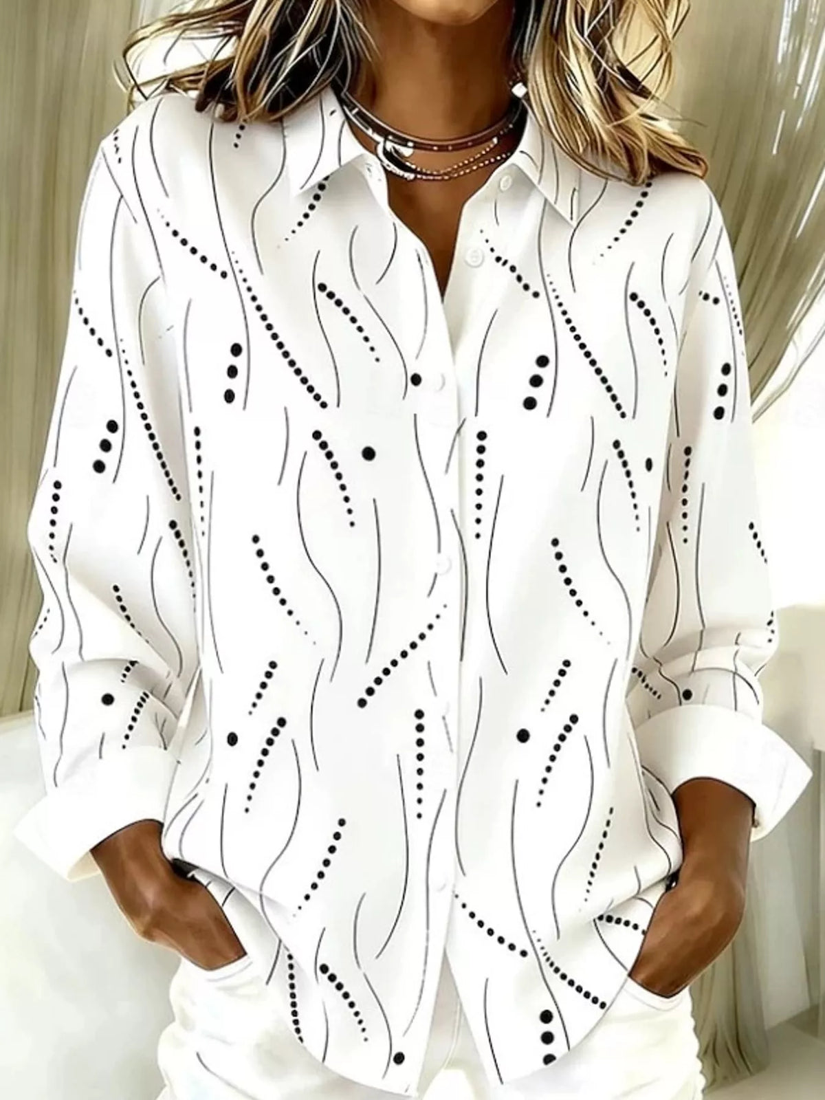 White abstract-print long sleeve shirt