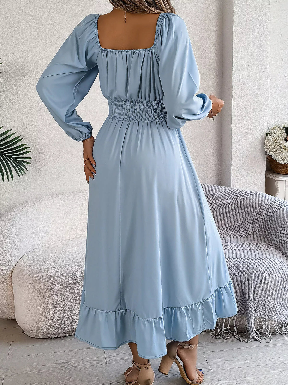 Light Blue square neck smocked waist long sleeve midi dress