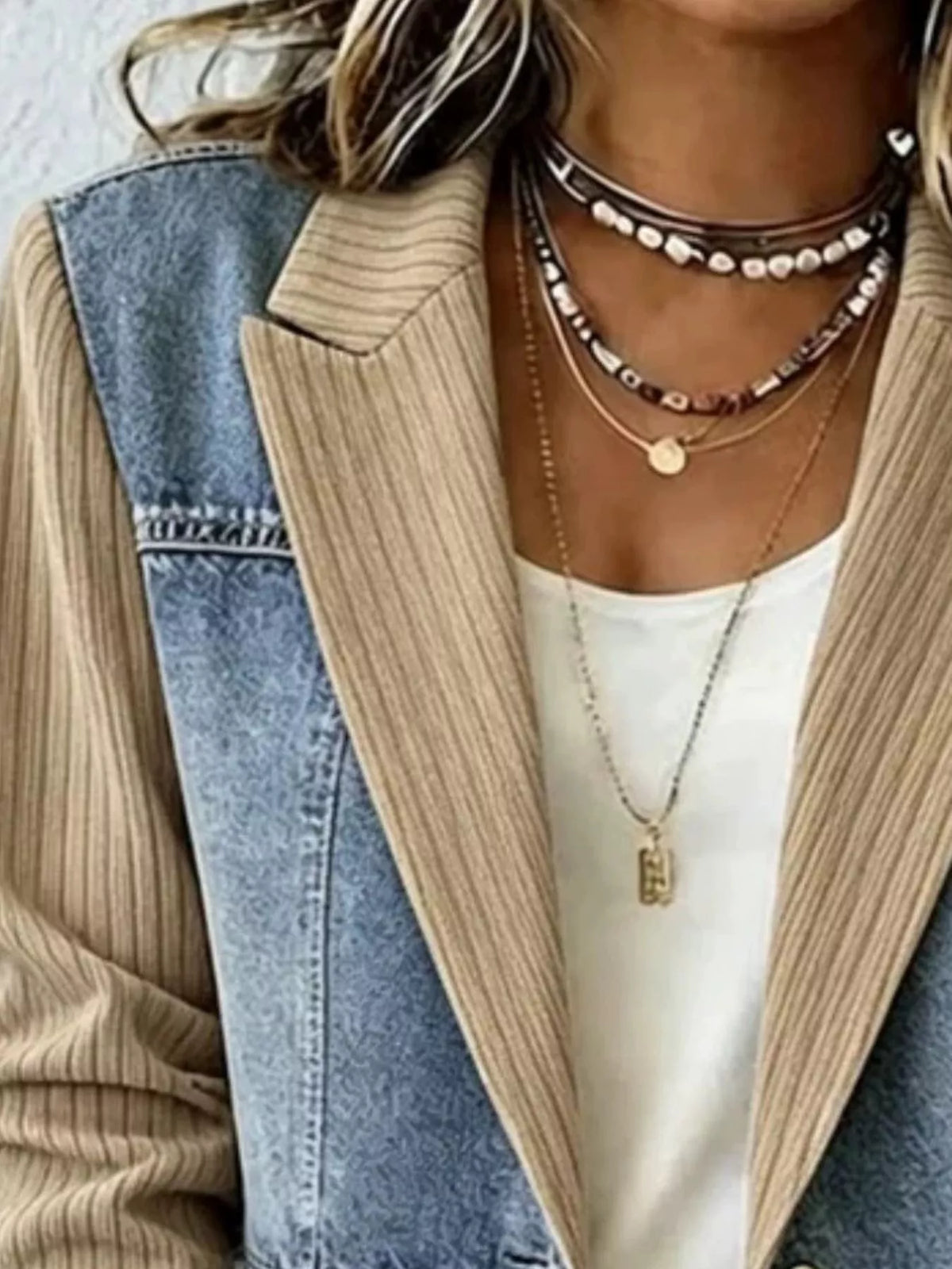 Beige and blue ribbed blazer with contrasting panels, lapel and panel detail