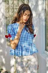 Trendsi SO ME 4th Of July Gingham Ribbon Detail Short Sleeves Blouse - Clothing Tops