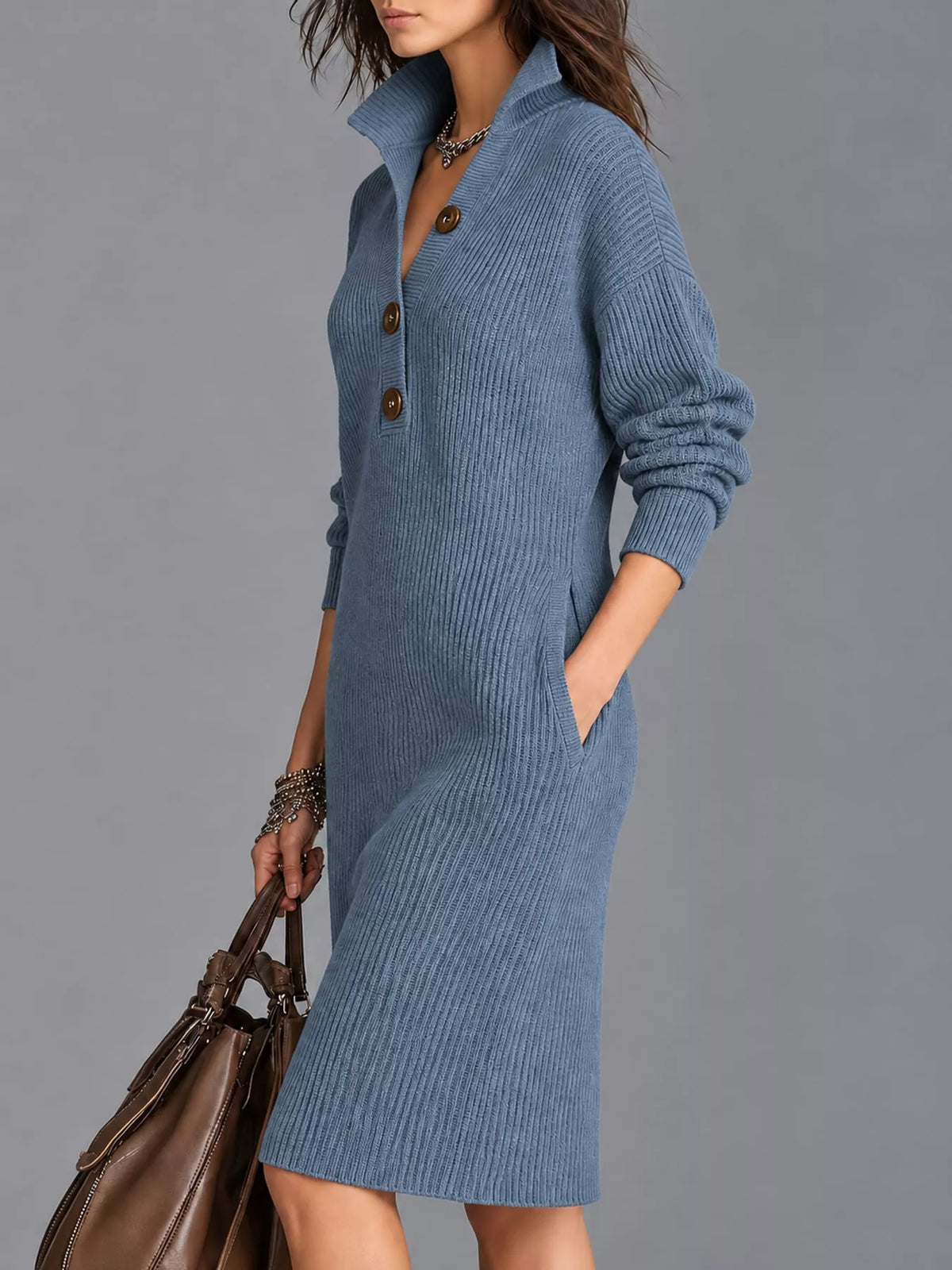 Collared long sleeve knee dress, side view