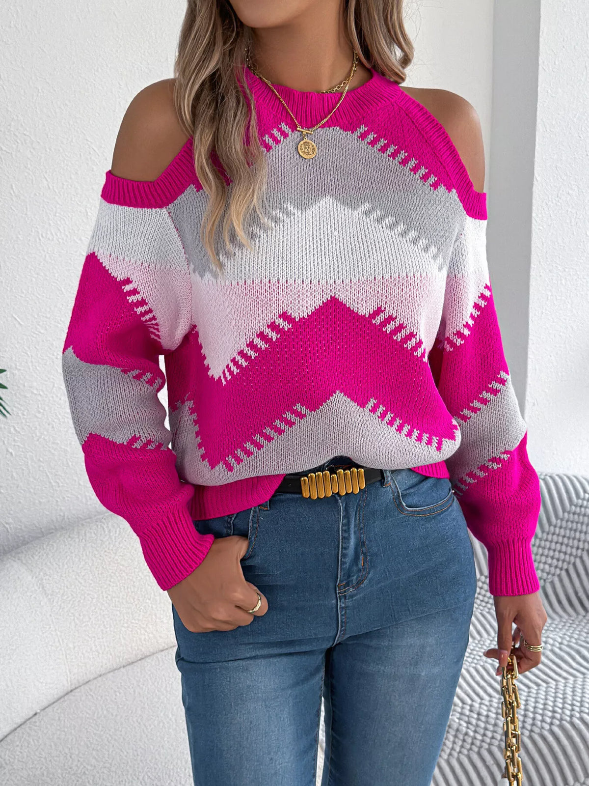 Rose Red cold shoulder chevron pattern knit sweater