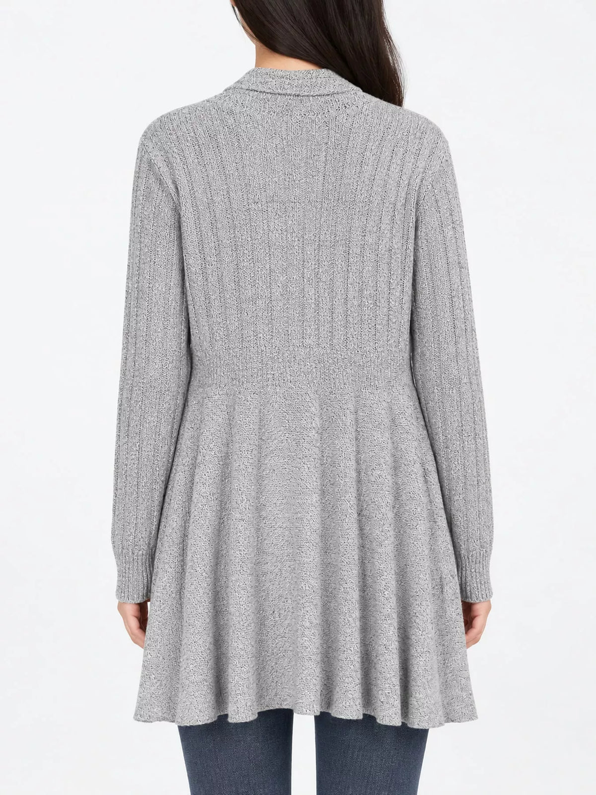 Light Gray ribbed knit open front flared cardigan, back view