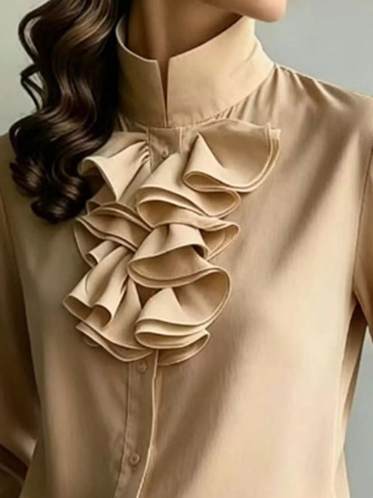 Ruffled Stand-Collar Blouse with Long Lantern Sleeves, placket detail