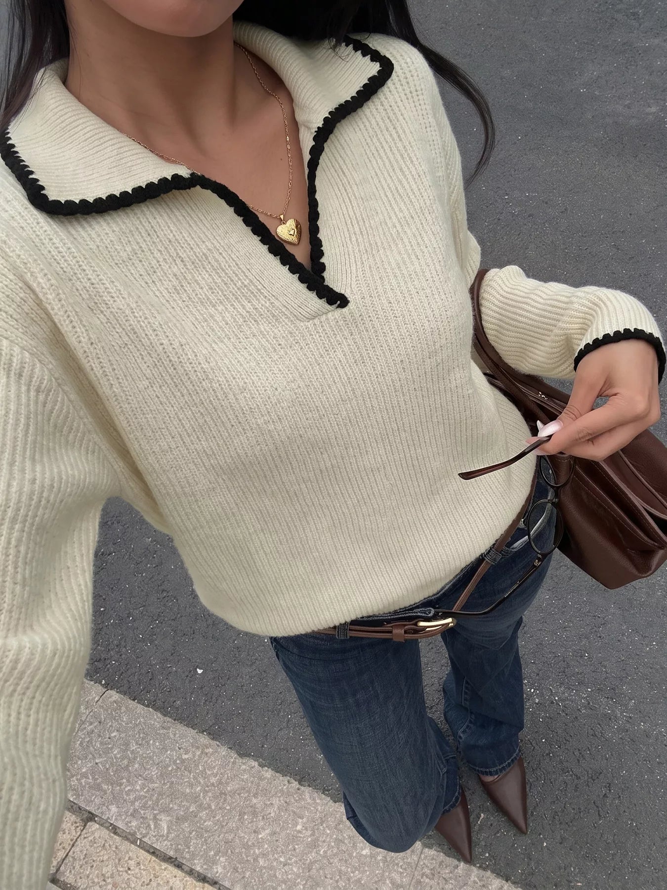 Trendsi Contrast Trim Dropped Shoulder Sweater -