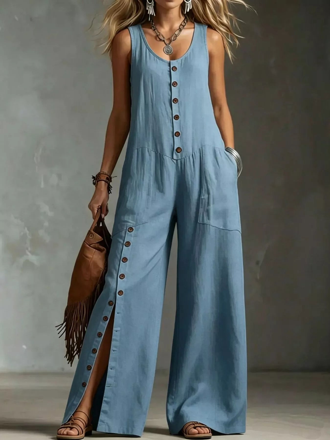 Trendsi Full Size Sleeveless Button-Down Wide-Leg Jumpsuit Plus Size -