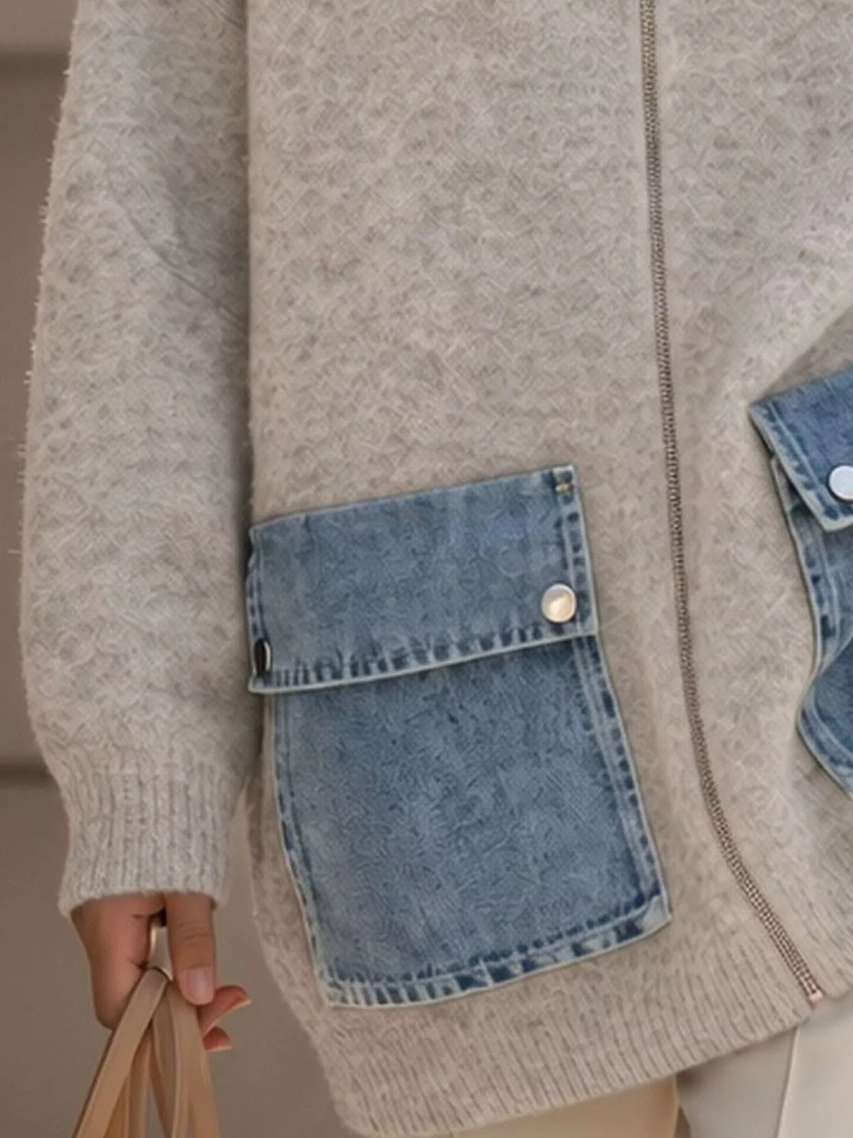 Light Gray Contrast Denim Pockets Hooded Cardigan alternate view