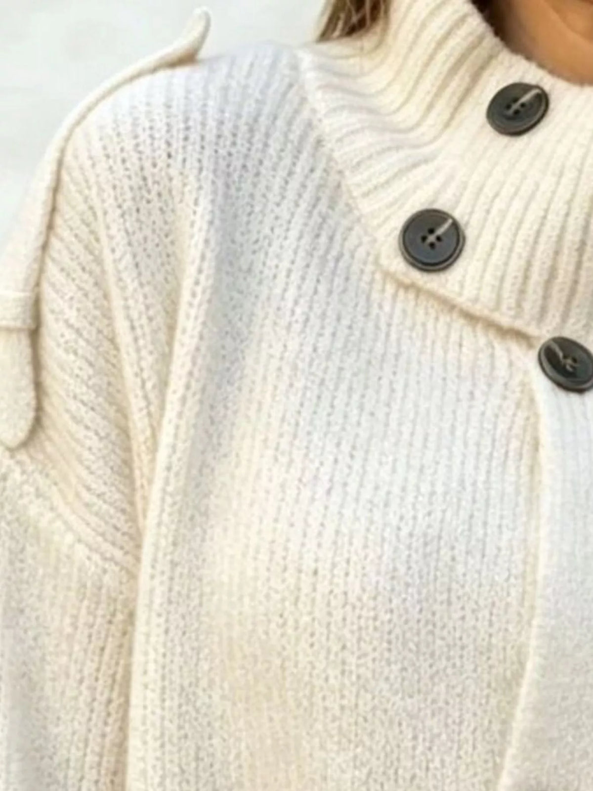 Button-Up Mock Neck Cardigan in white, neckline detail
