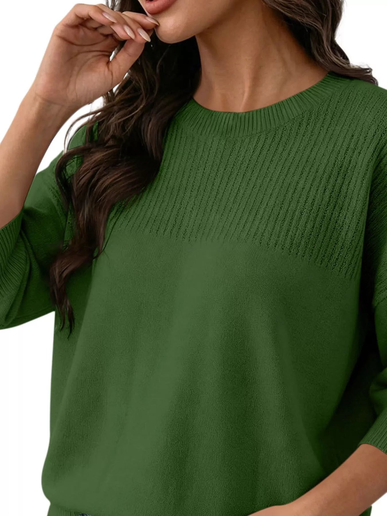 Trendsi Elegant Crew Neck Eyelet Ribbed Sweater -