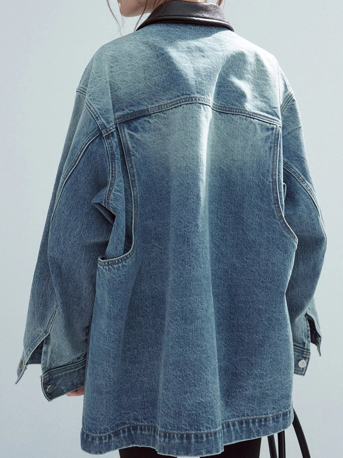Denim Blue button up dropped shoulder denim jacket, back view