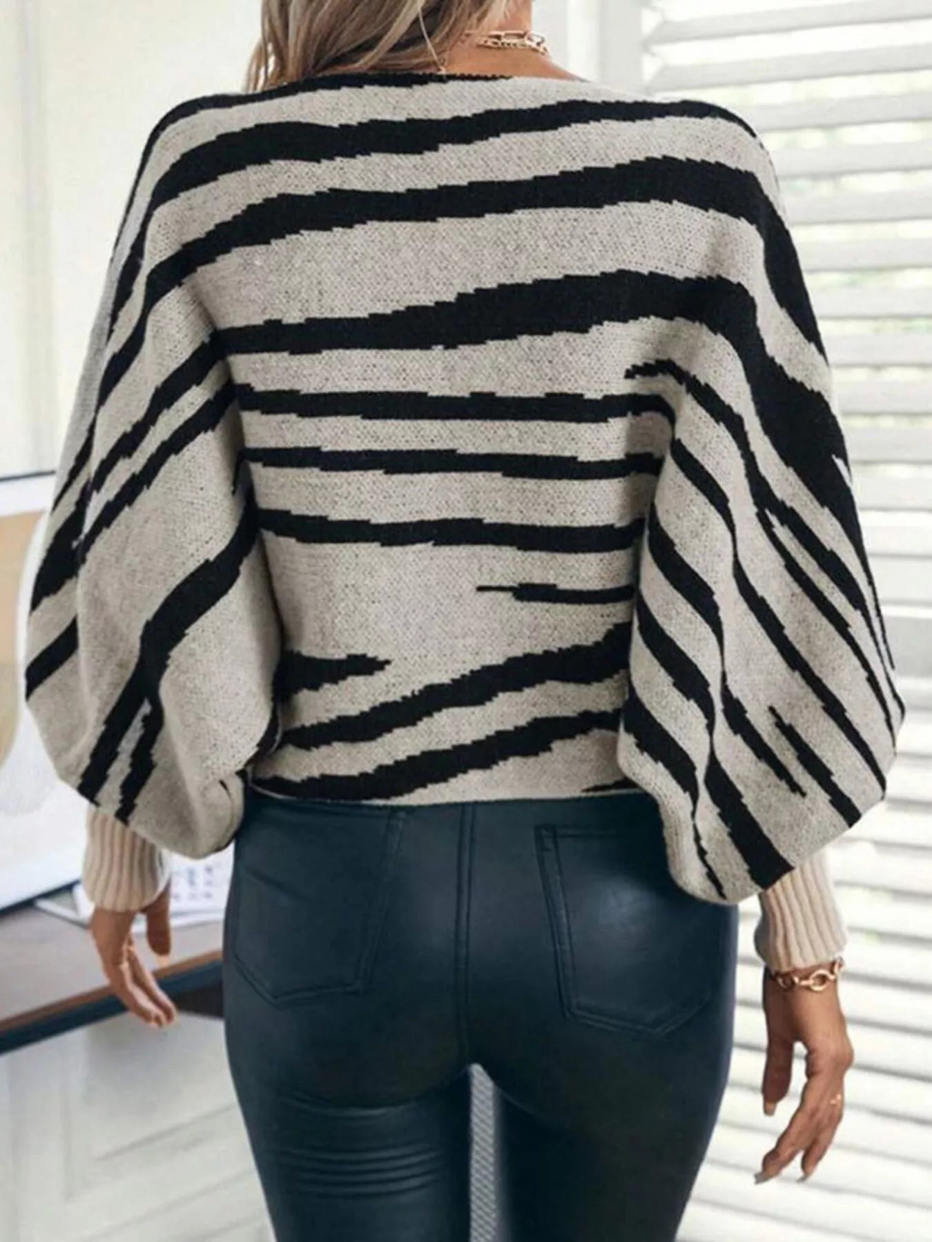 Trendsi Striped Lantern Sleeve Sweater -