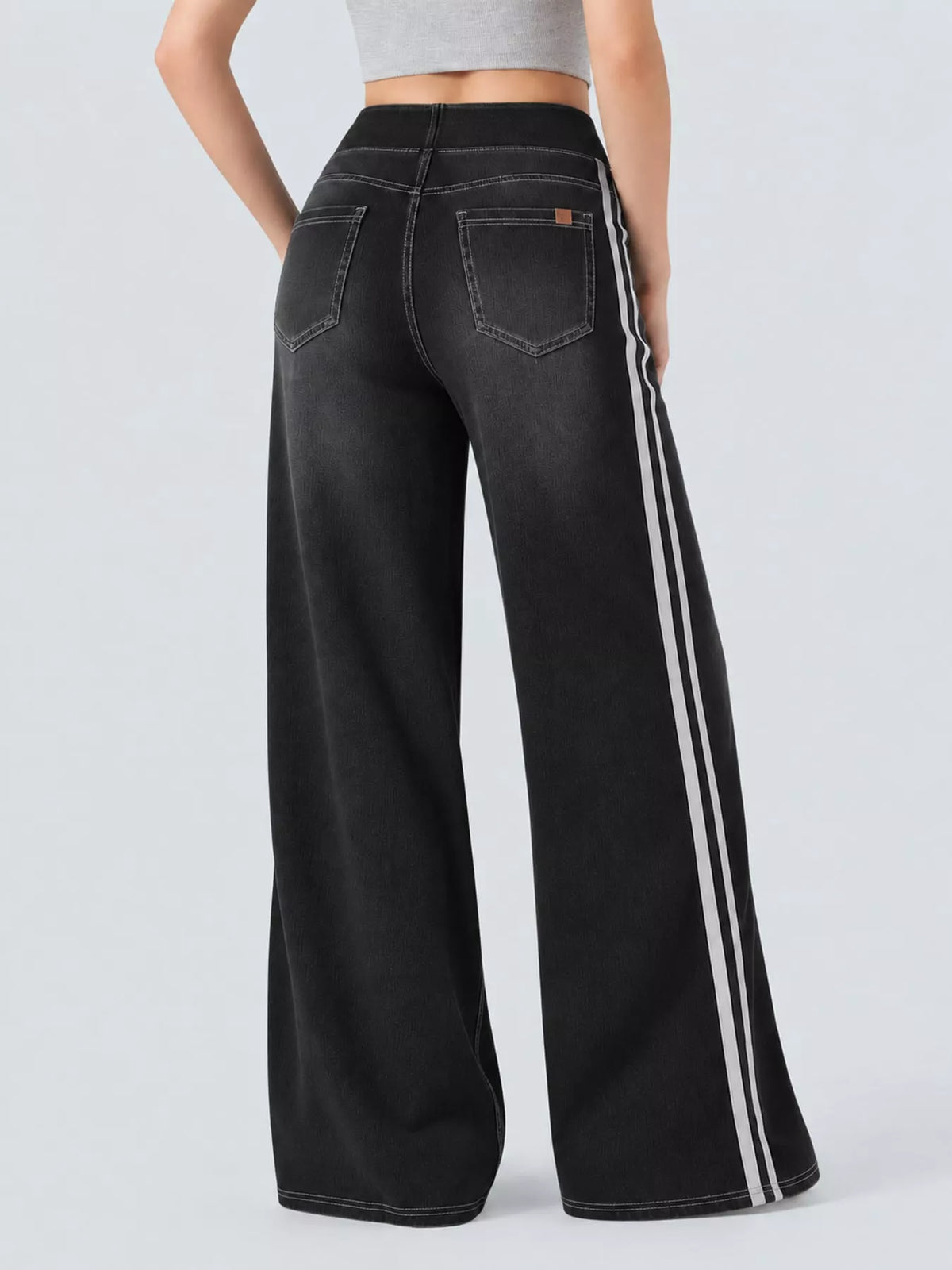 Wide-Leg Side-Stripe Jeans, back view in black