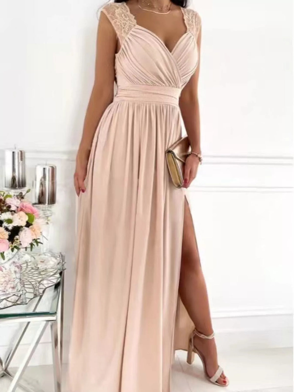 Slit Lace Sleeveless Maxi Dress — front view