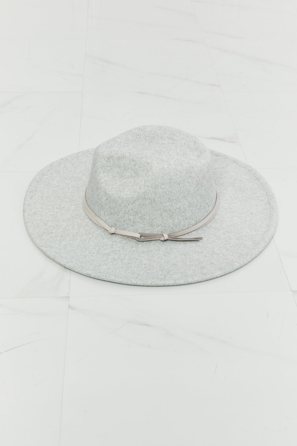 Unisex Light Gray Fedora Hat With Faux Leather Knot Detail — product view 6