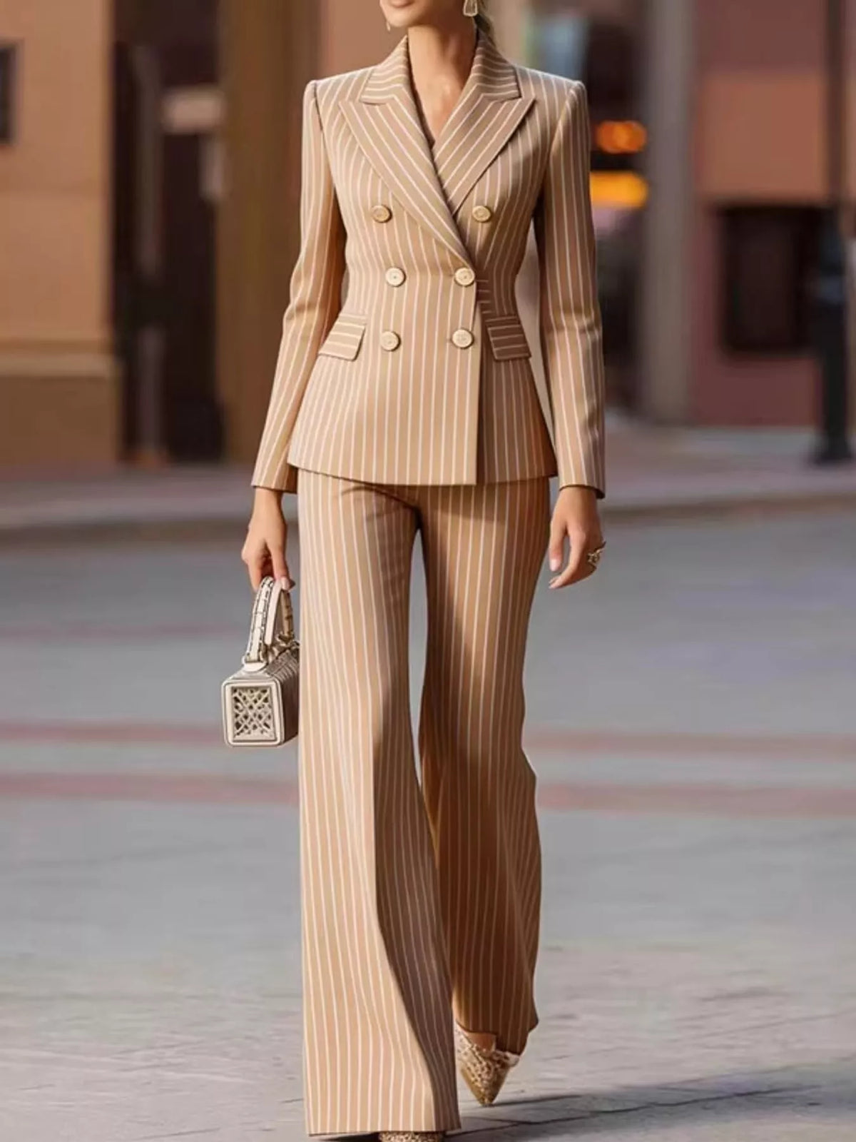 Pinstripe pantsuit, tan suit front