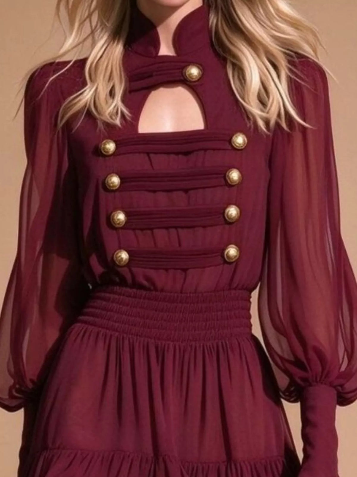 Burgundy ruffled chiffon mini dress, button bodice detail