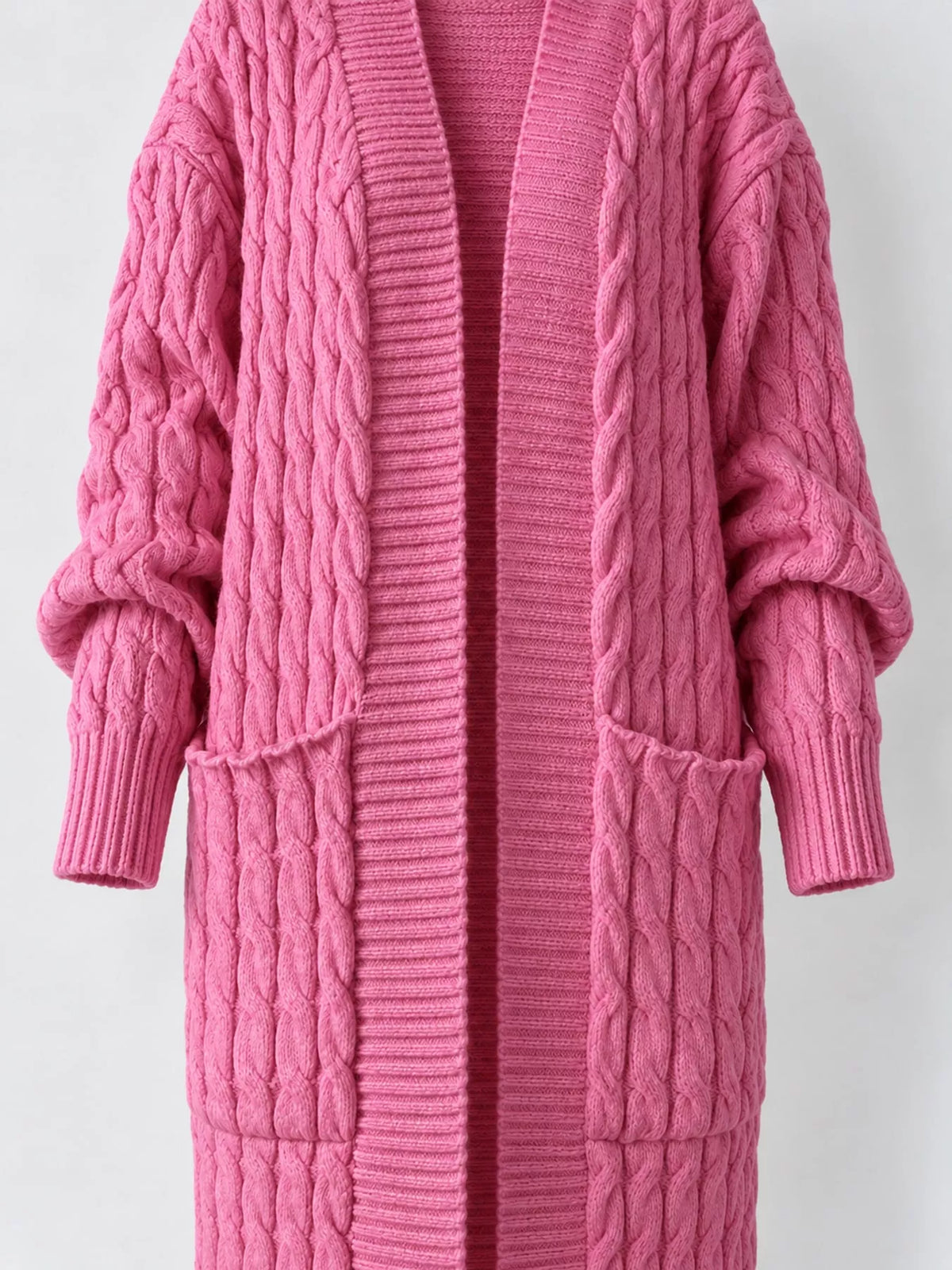 Pink cable-knit longline open-front cardigan