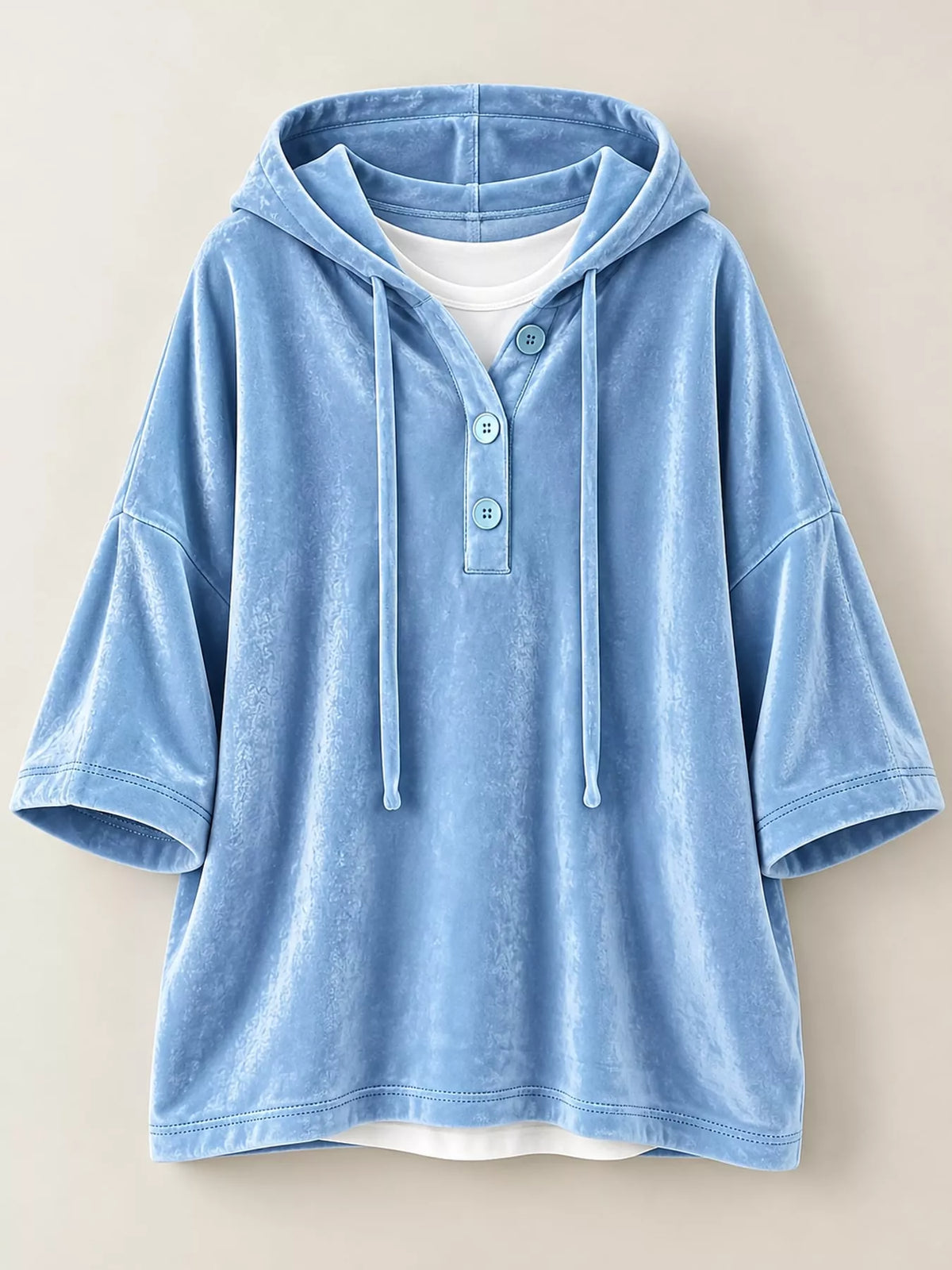 Velvet Button Hoodie in light blue, front view
