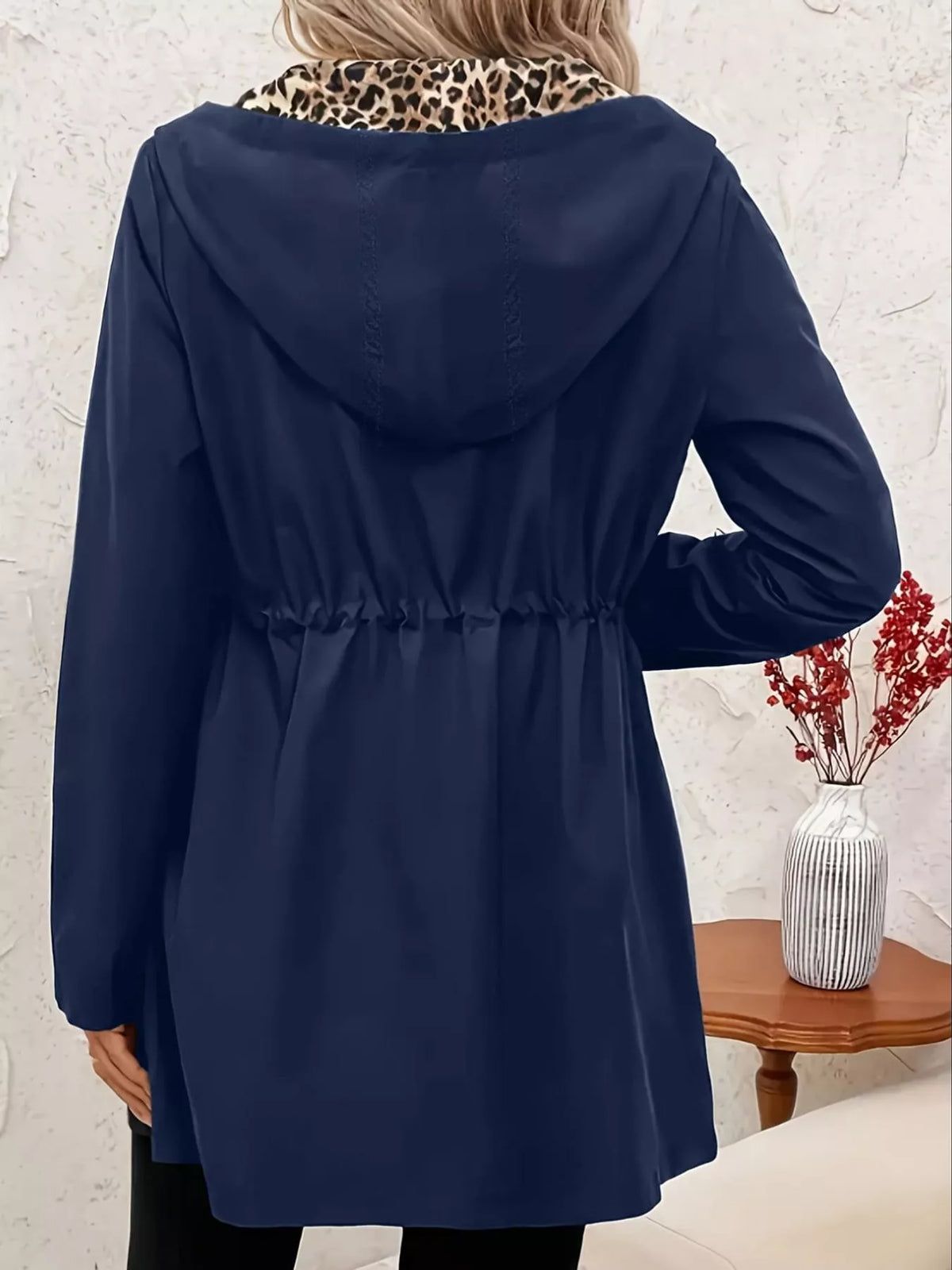 Navy leopard print hooded drawstring-waist jacket, back view