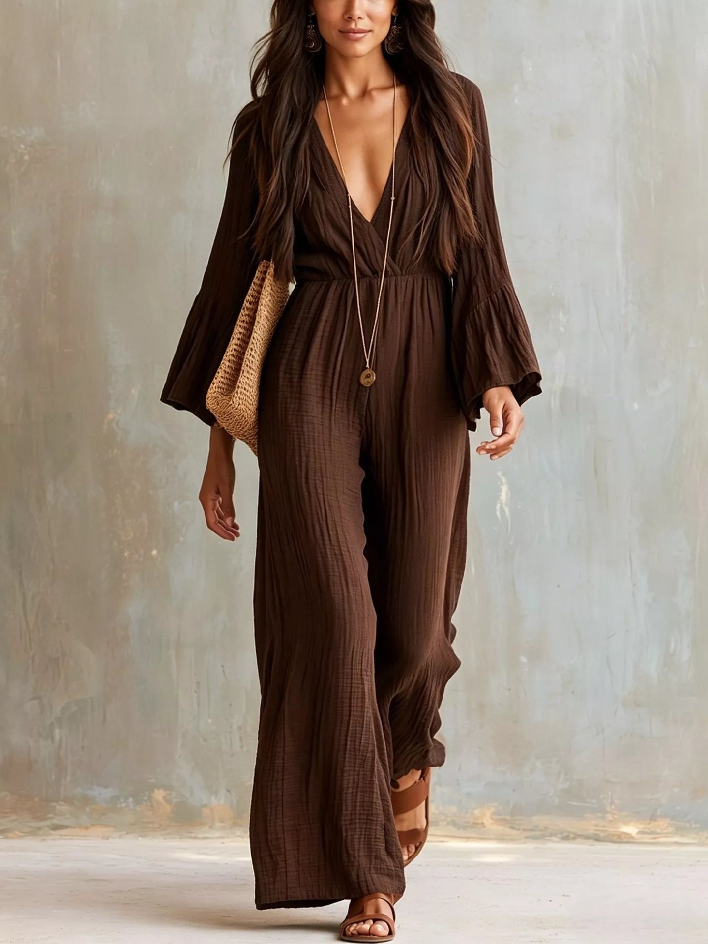 Trendsi Textured Flare Sleeve Jumpsuit -
