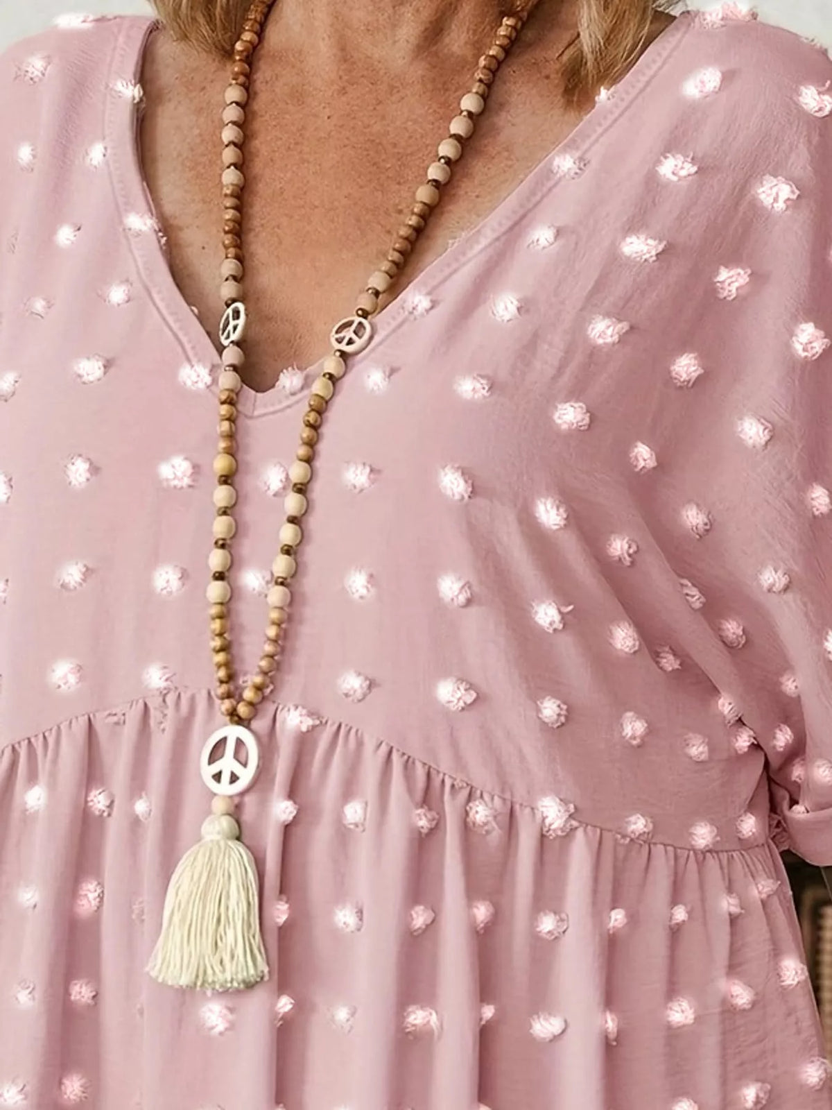 Swiss-dot blouse, pink neckline detail