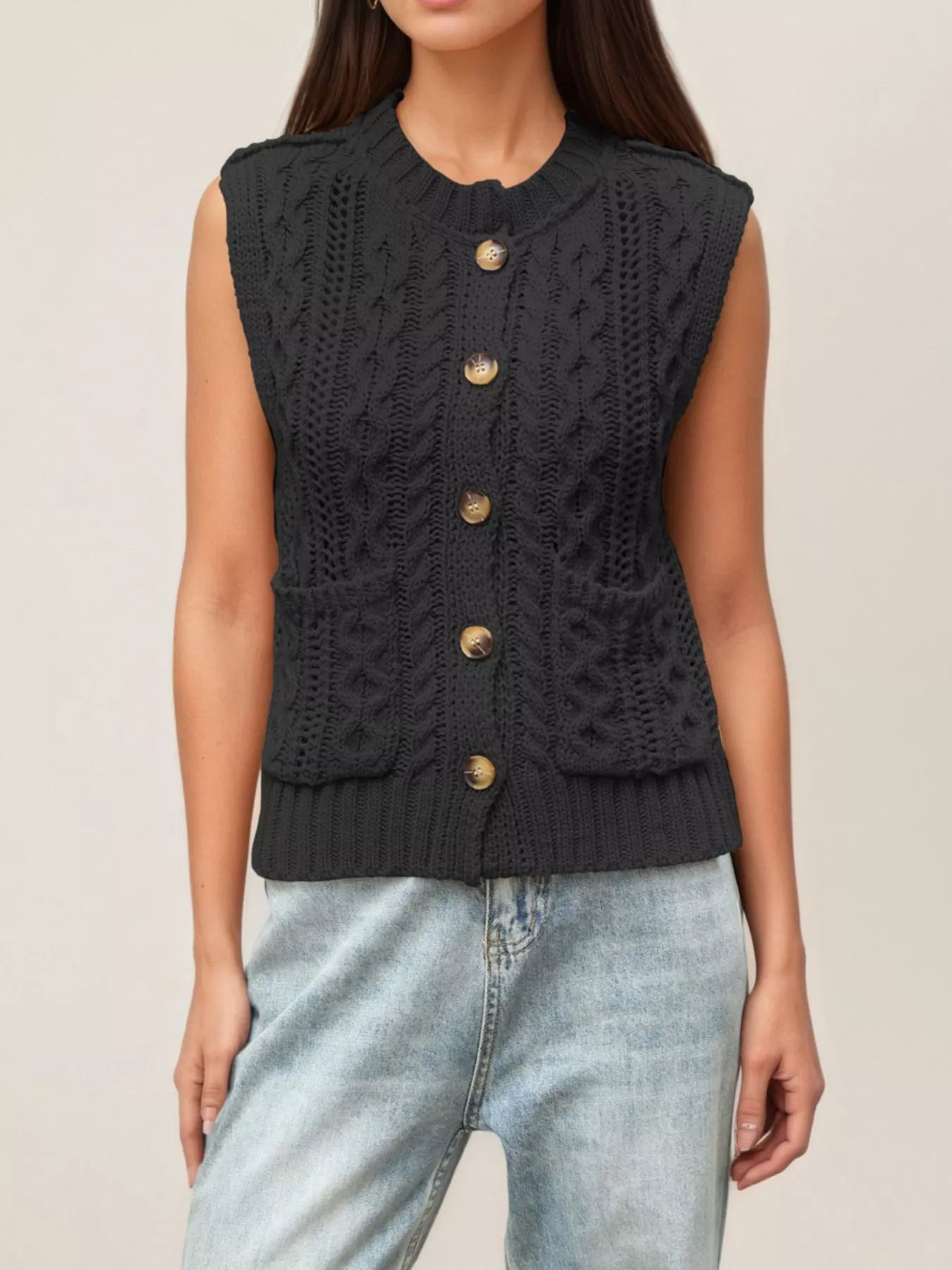 Trendsi Cable-Knit Button-Down Sweater Vest -