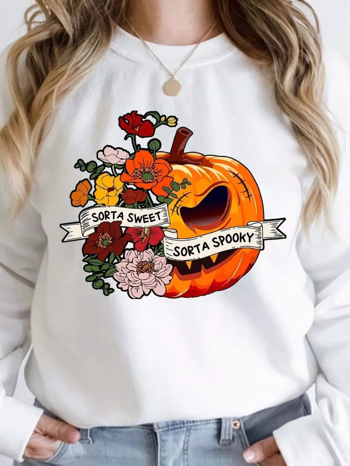 Trendsi Halloween Pumpkin Floral Round Neck Sweatshirt -