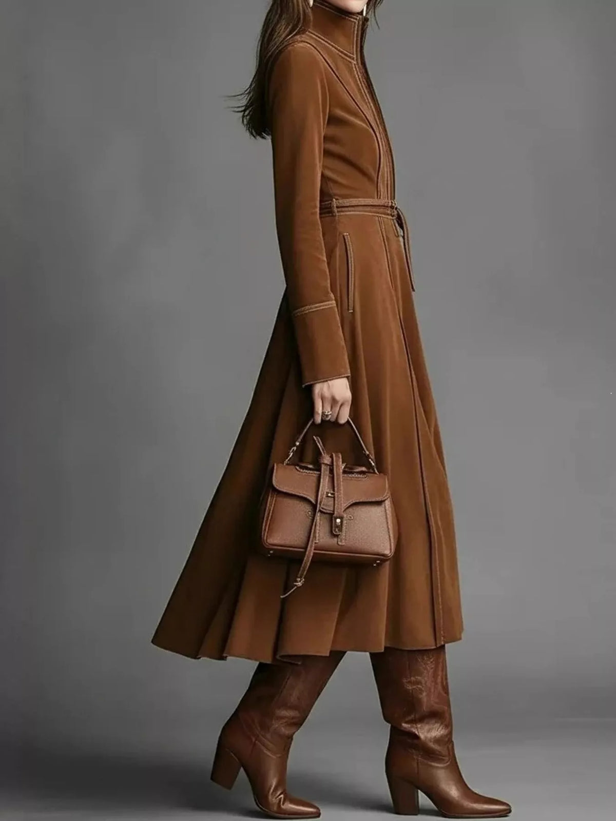 Brown zipper front midi dress, side view