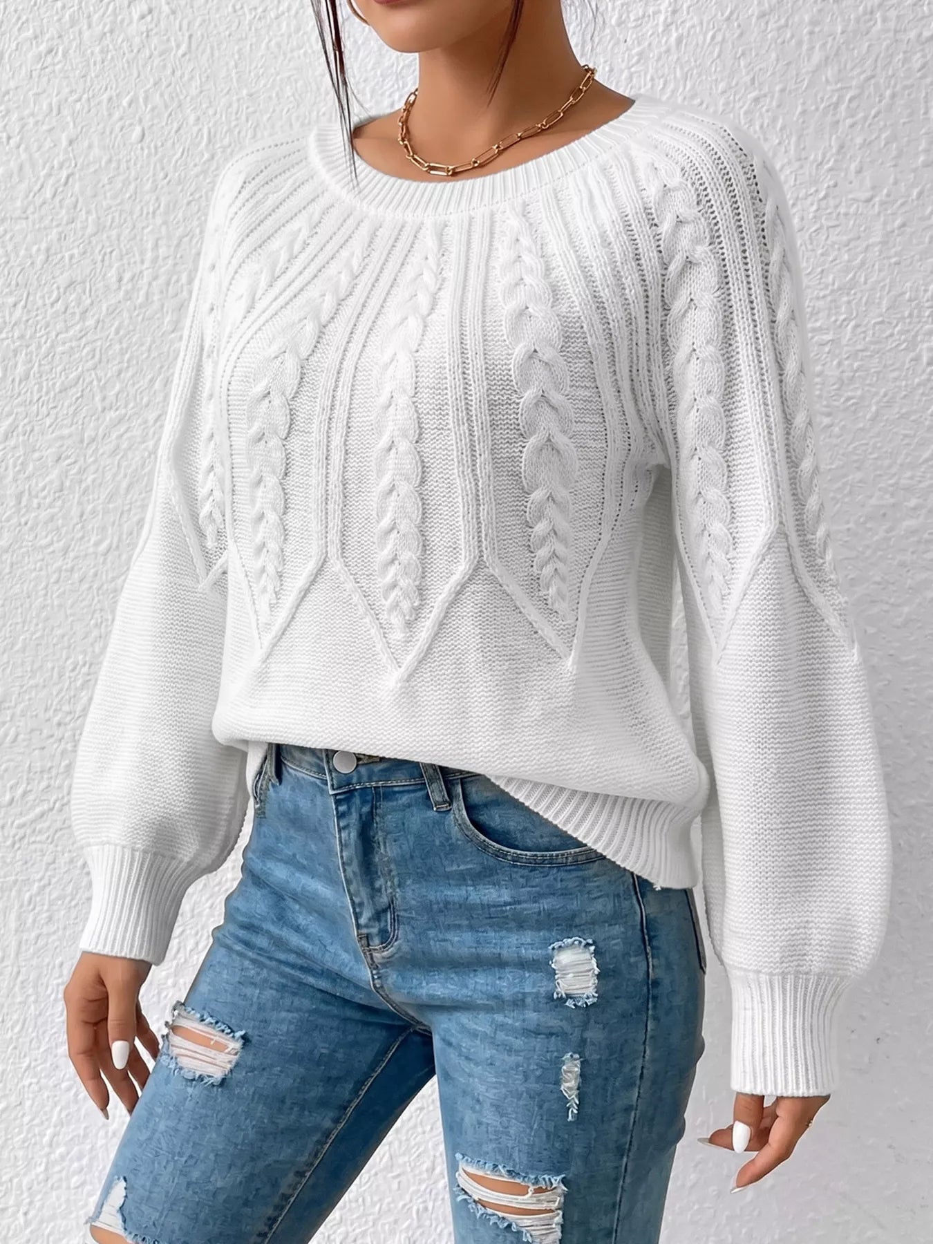 Trendsi Cable-Knit Round Neck Sweater -