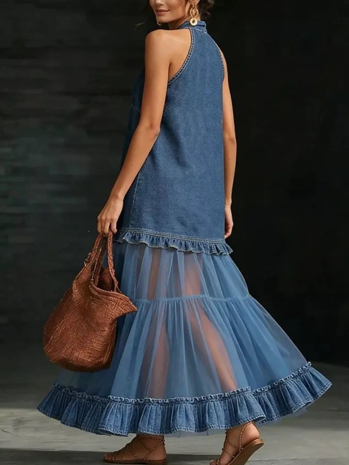 Blue halter neck dress with tulle ruffle hem — back view