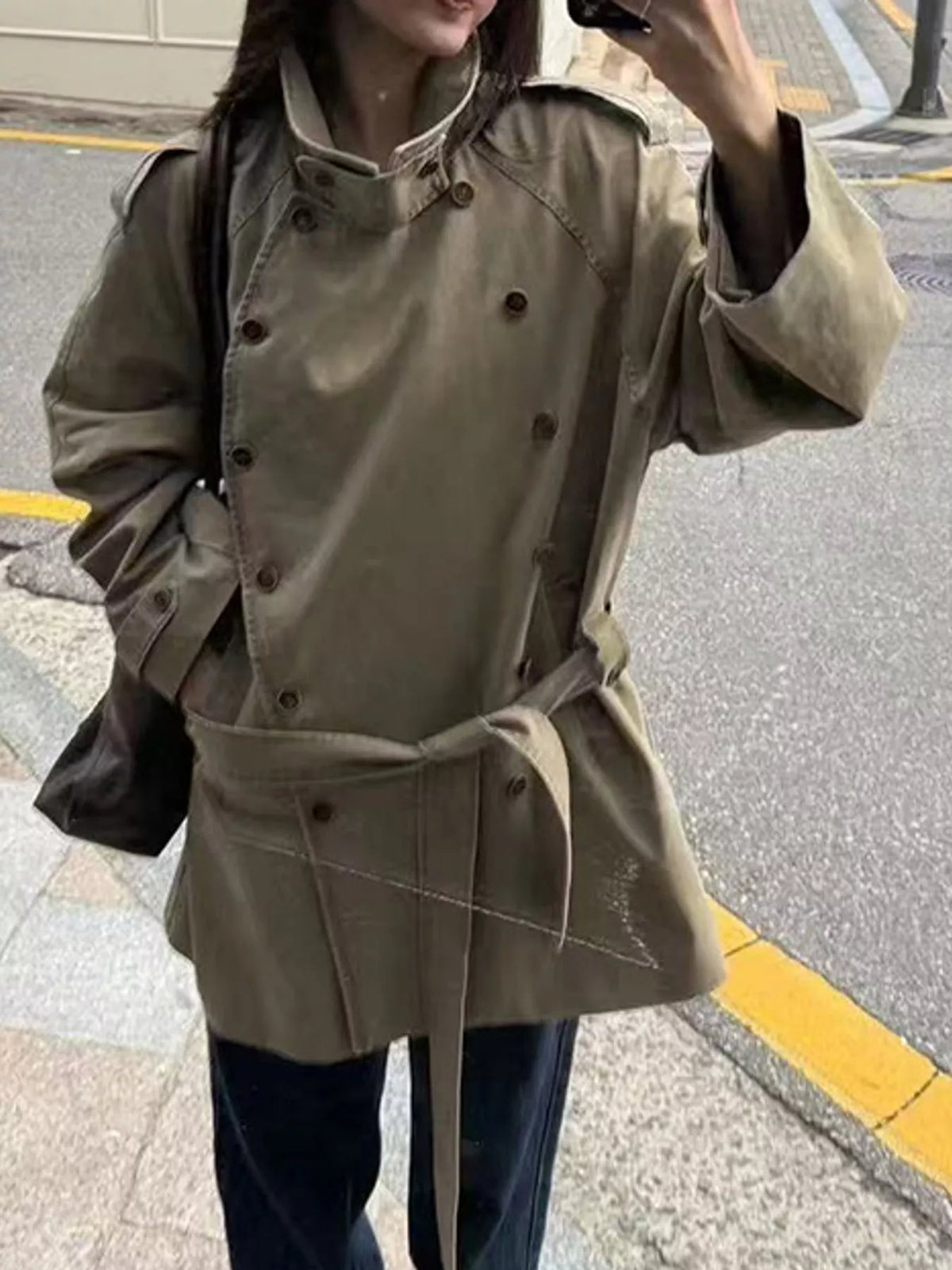Khaki double-breasted belted cotton trench coat