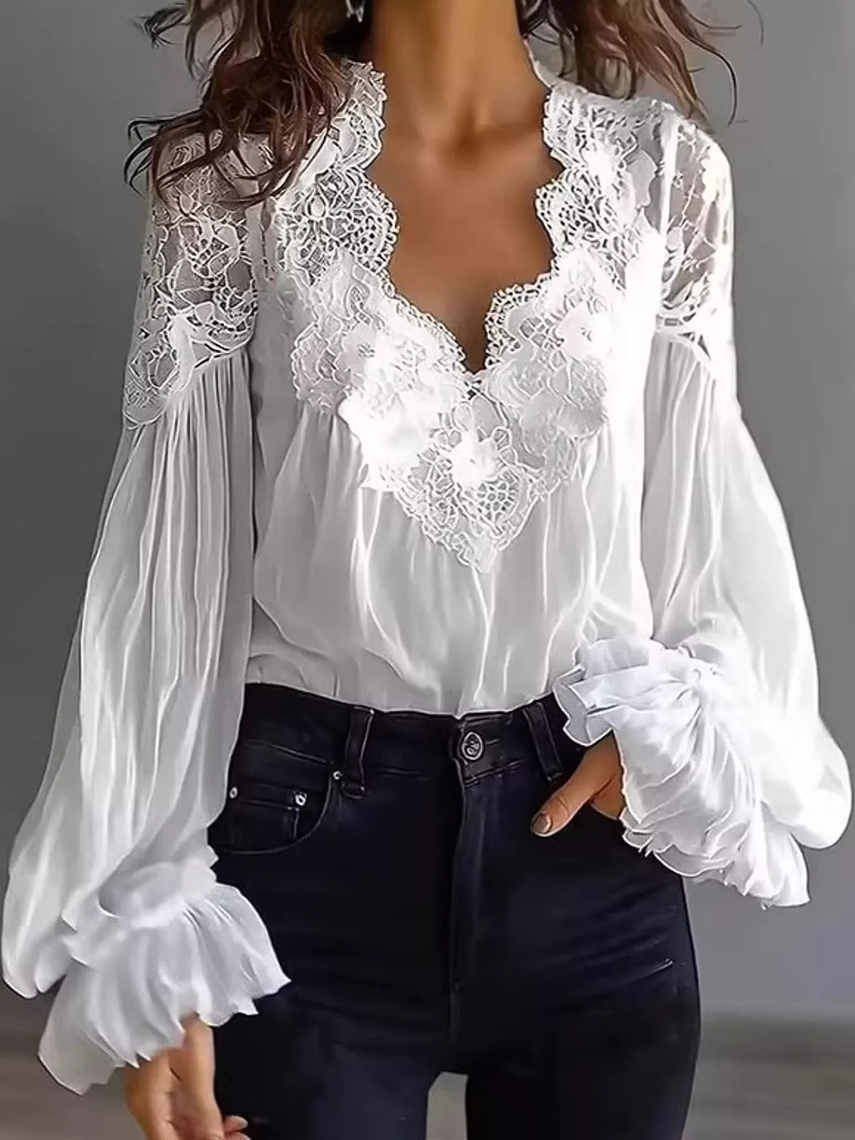 White lace V-neck flounce sleeve blouse