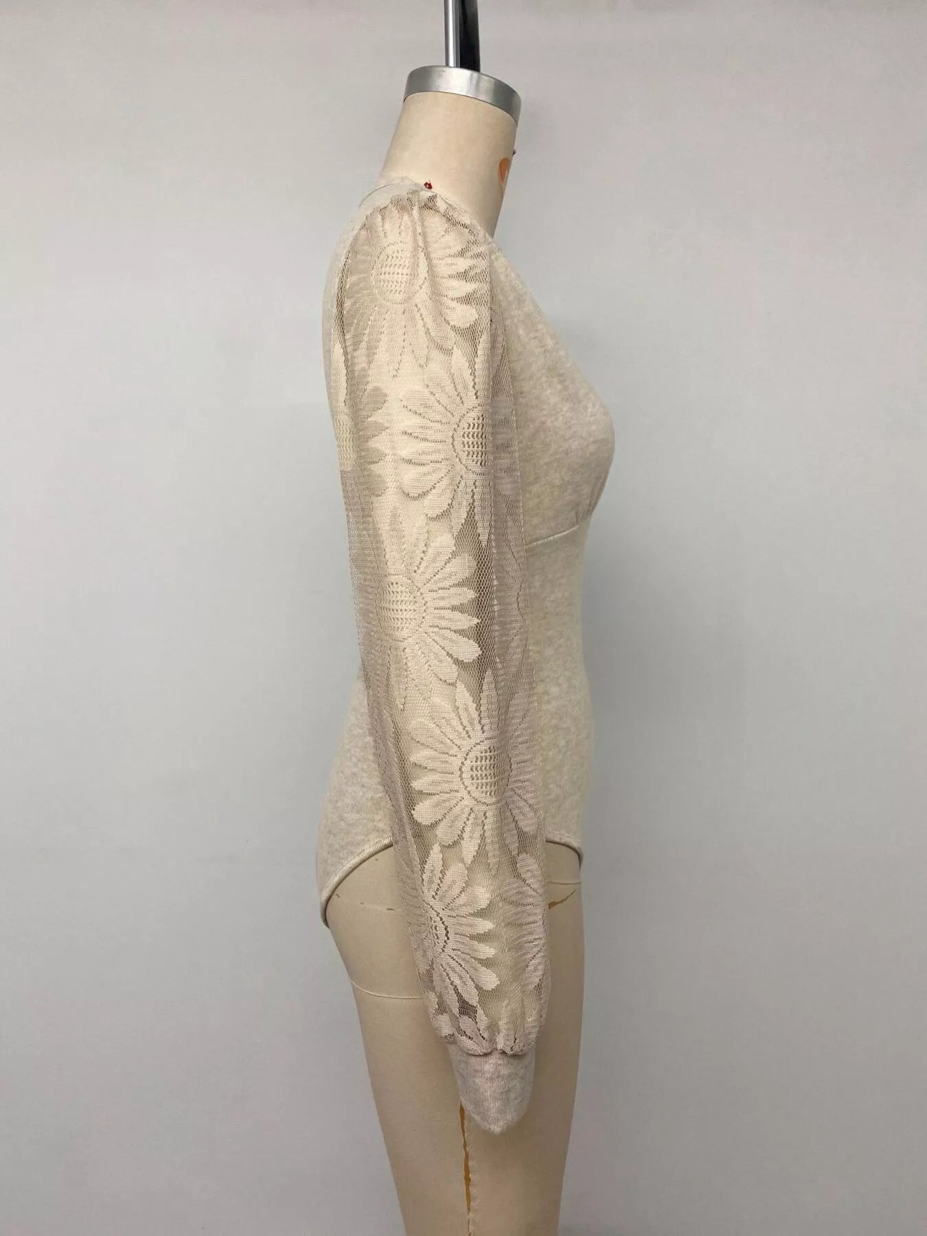 Trendsi V-Neck Lace Trim Floral Mesh Sleeve Bodysuit -