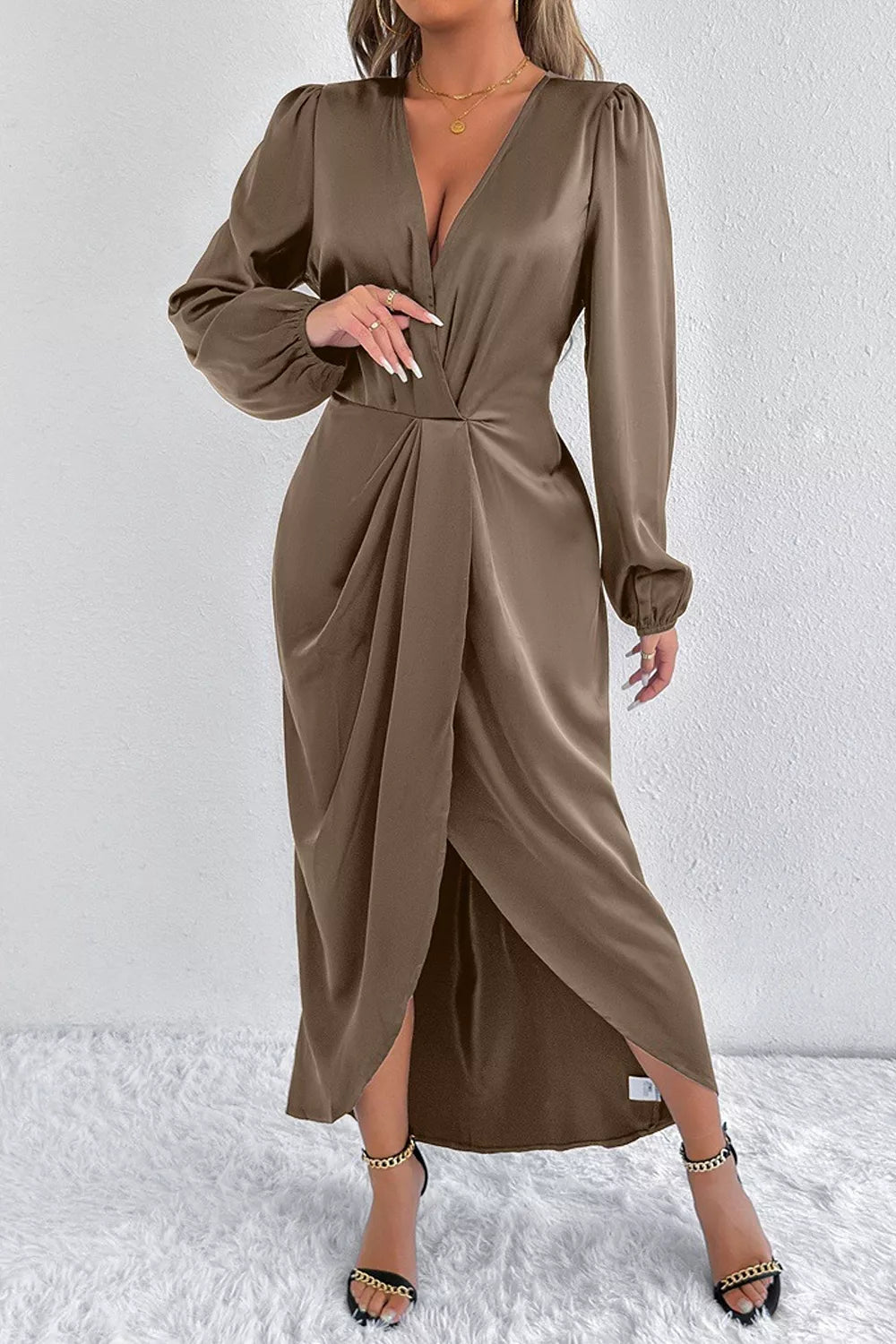 Trendsi Satin Balloon Sleeve Midi Dress -