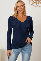Trendsi Basic Bae Full Size Ribbed V-Neck Long Sleeve T-Shirt - Shirts