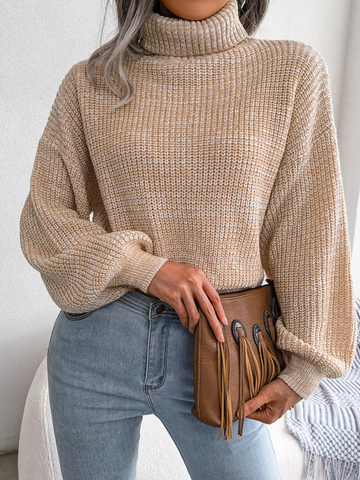 Turtleneck Dropped Shoulder Sweater in beige, front view
