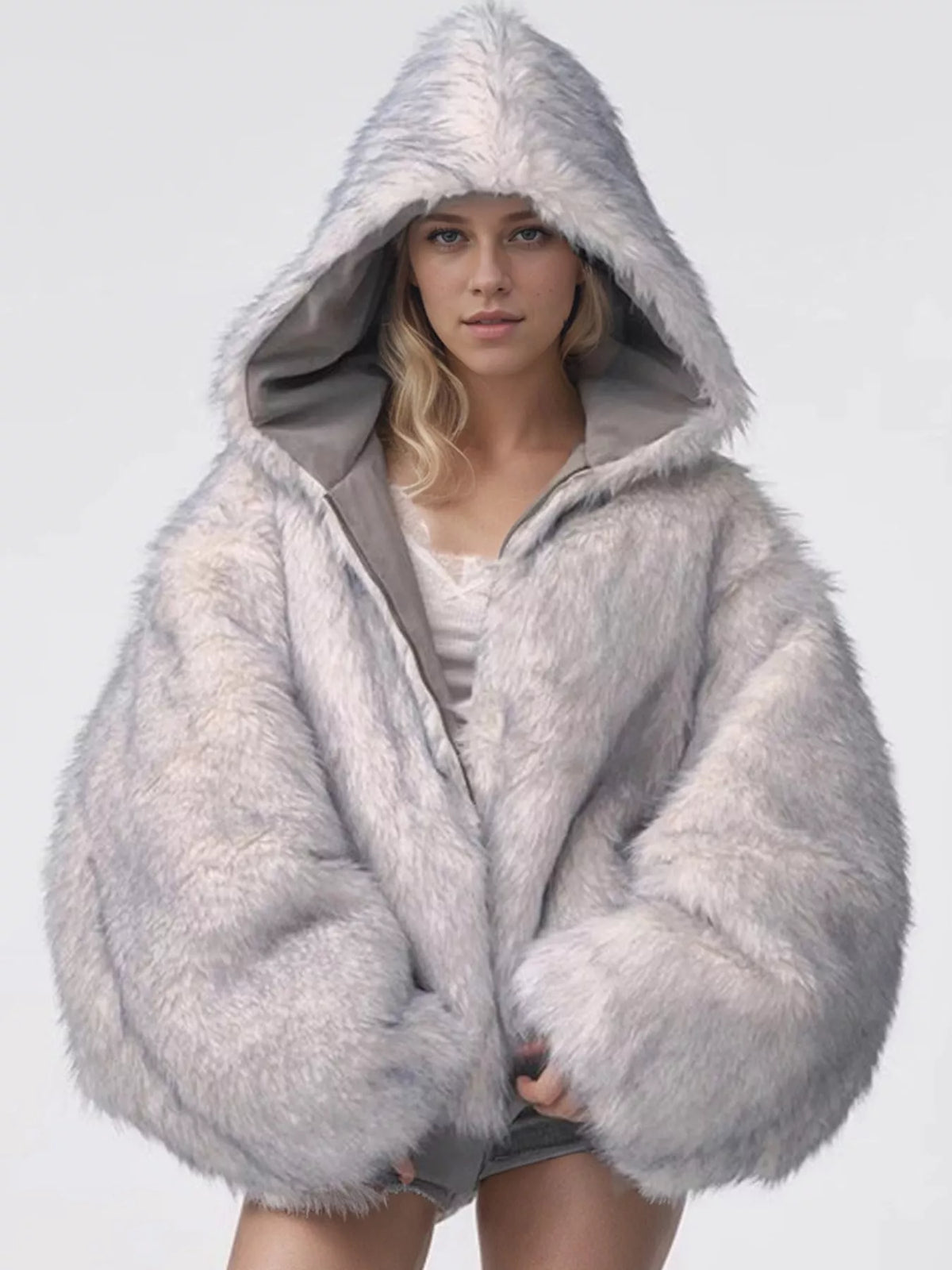 Gray faux fur trimmed faux suede bomber jacket
