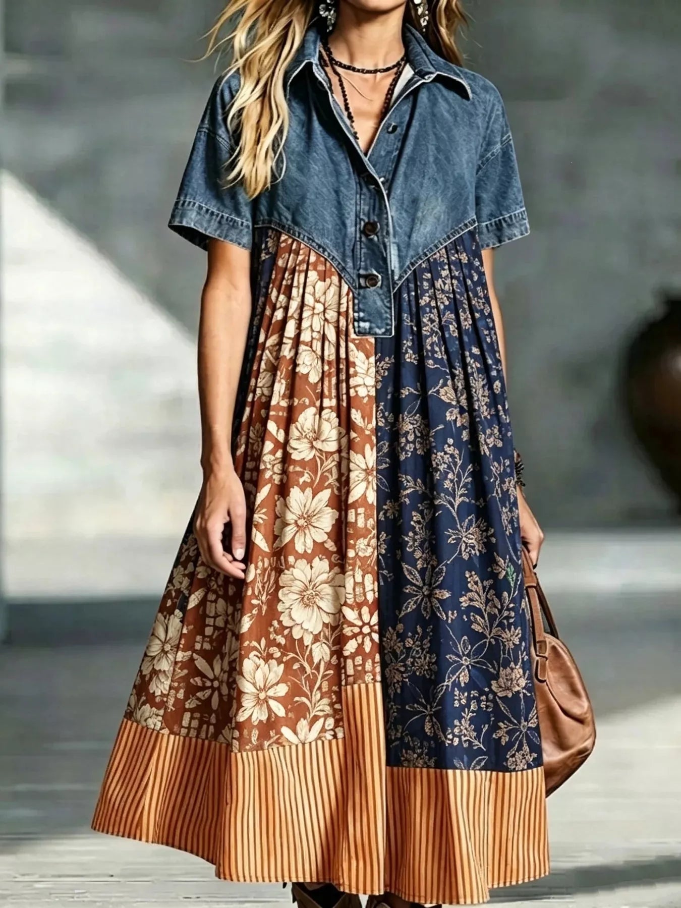 Trendsi Full Size Denim Patchwork Printed Shirt Dress Plus Size -