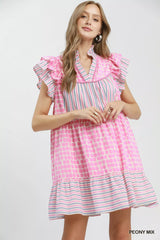 Trendsi Umgee Mix Patchwork Flutter Sleeve Tiered Dress - Dresses