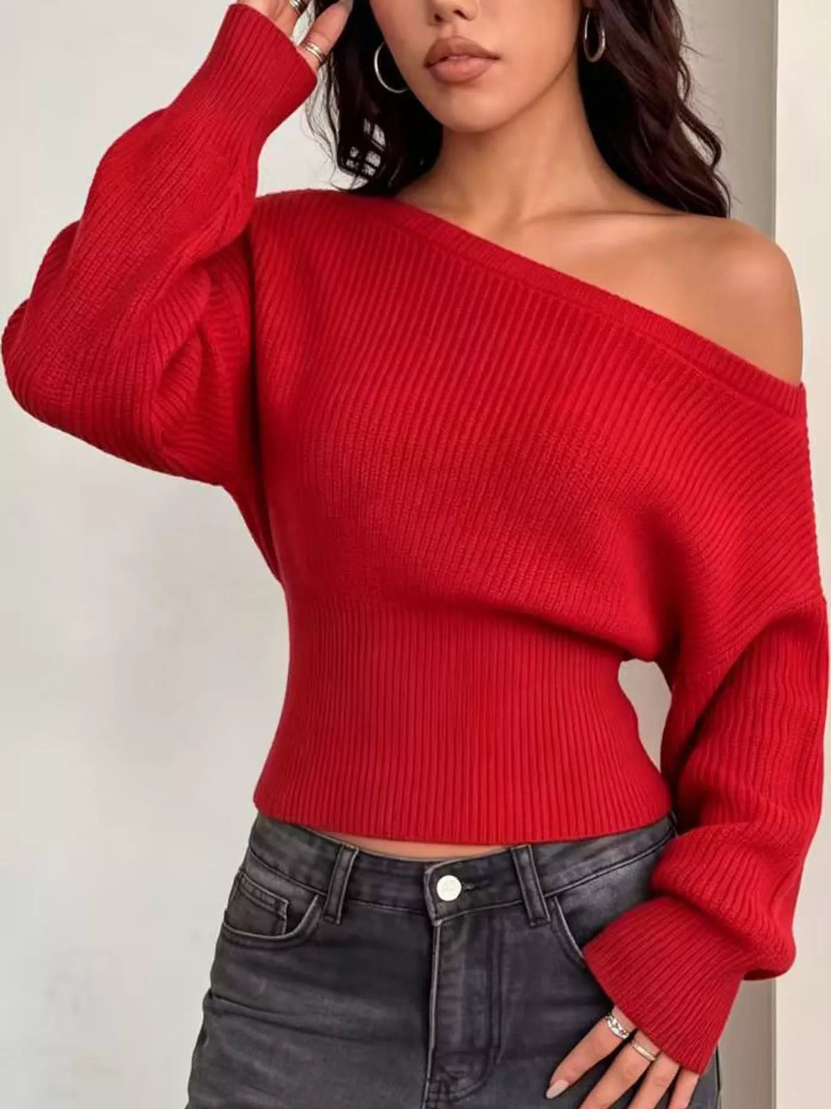 Red one shoulder ribbed knit sweater
