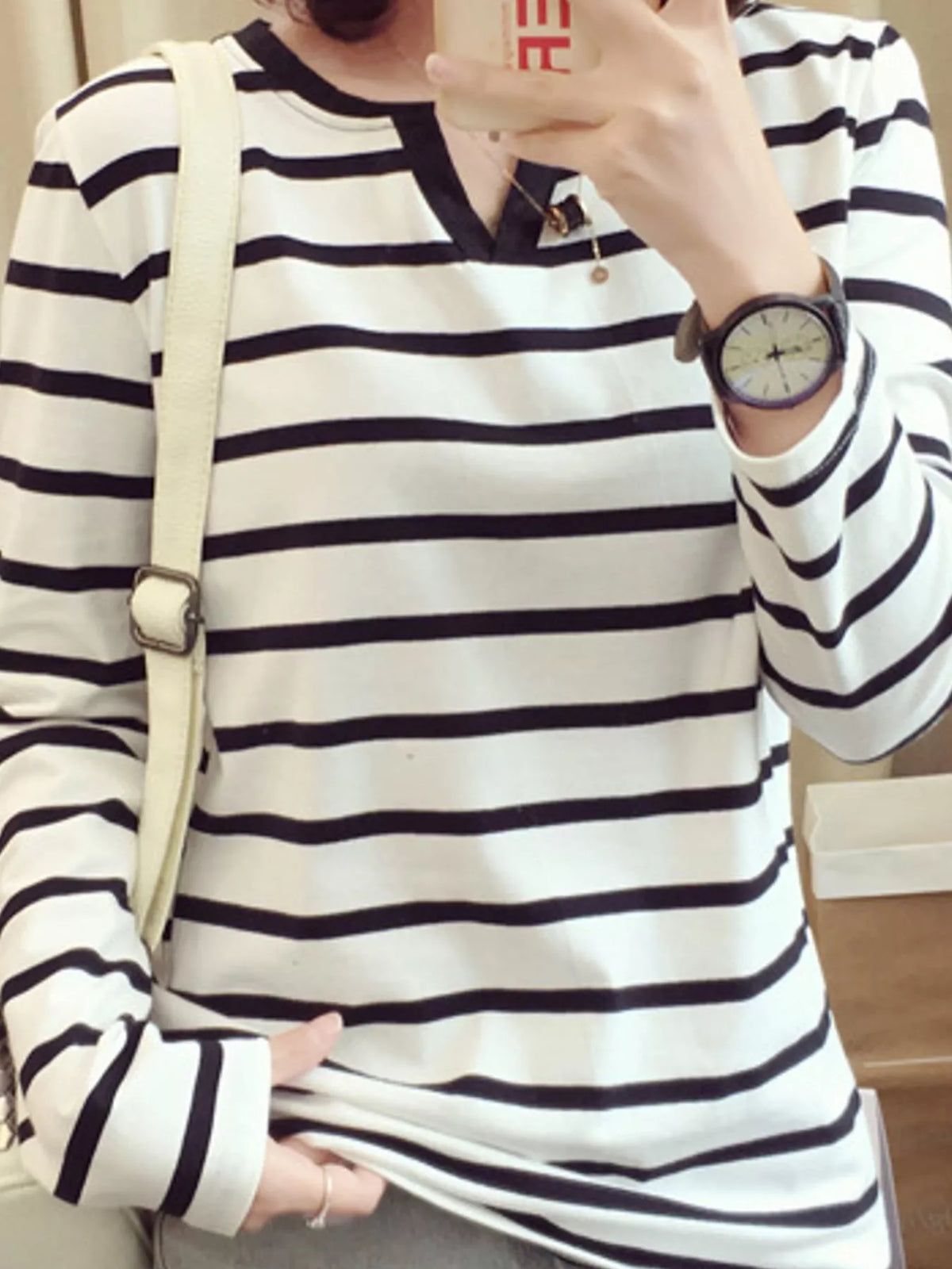 Striped Notched Long Sleeve T-Shirt, detail view in white and black