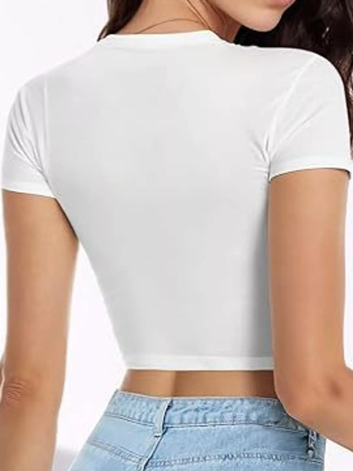 White crew neck crop T-shirt, back view