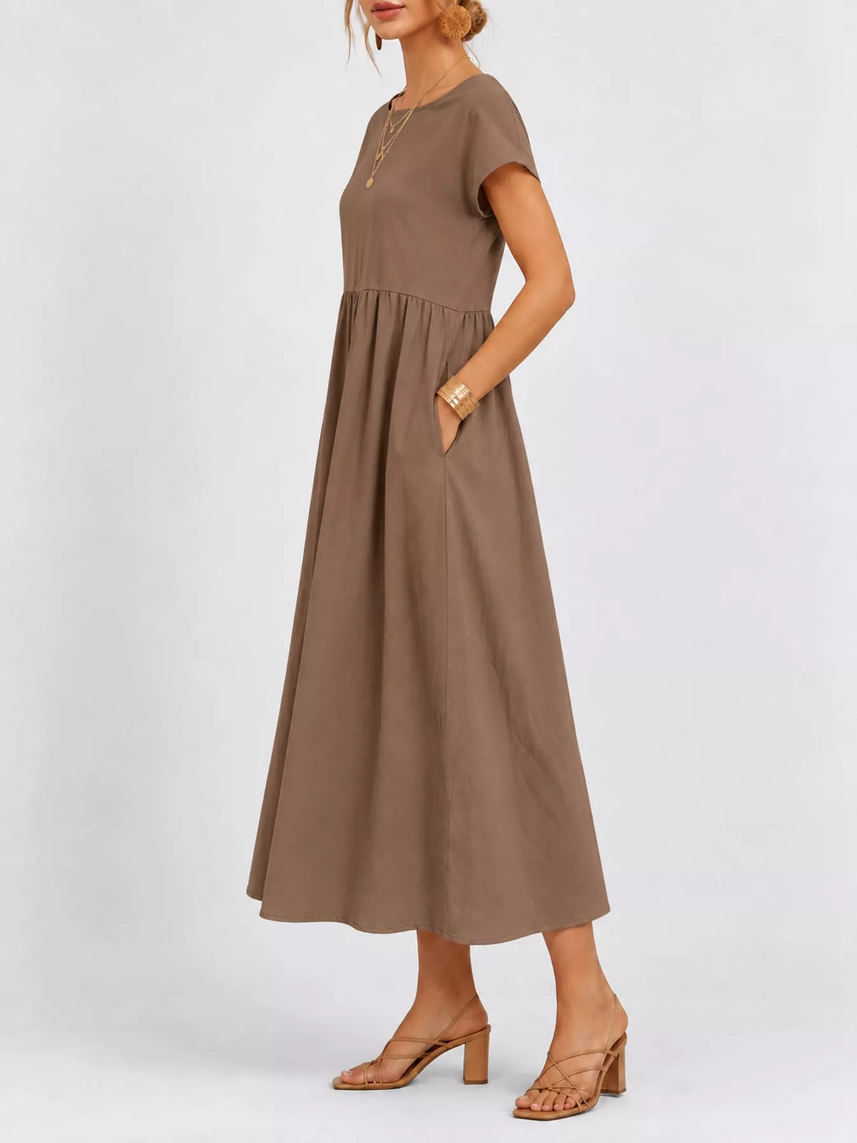 Round neck short sleeve midi dress, side view