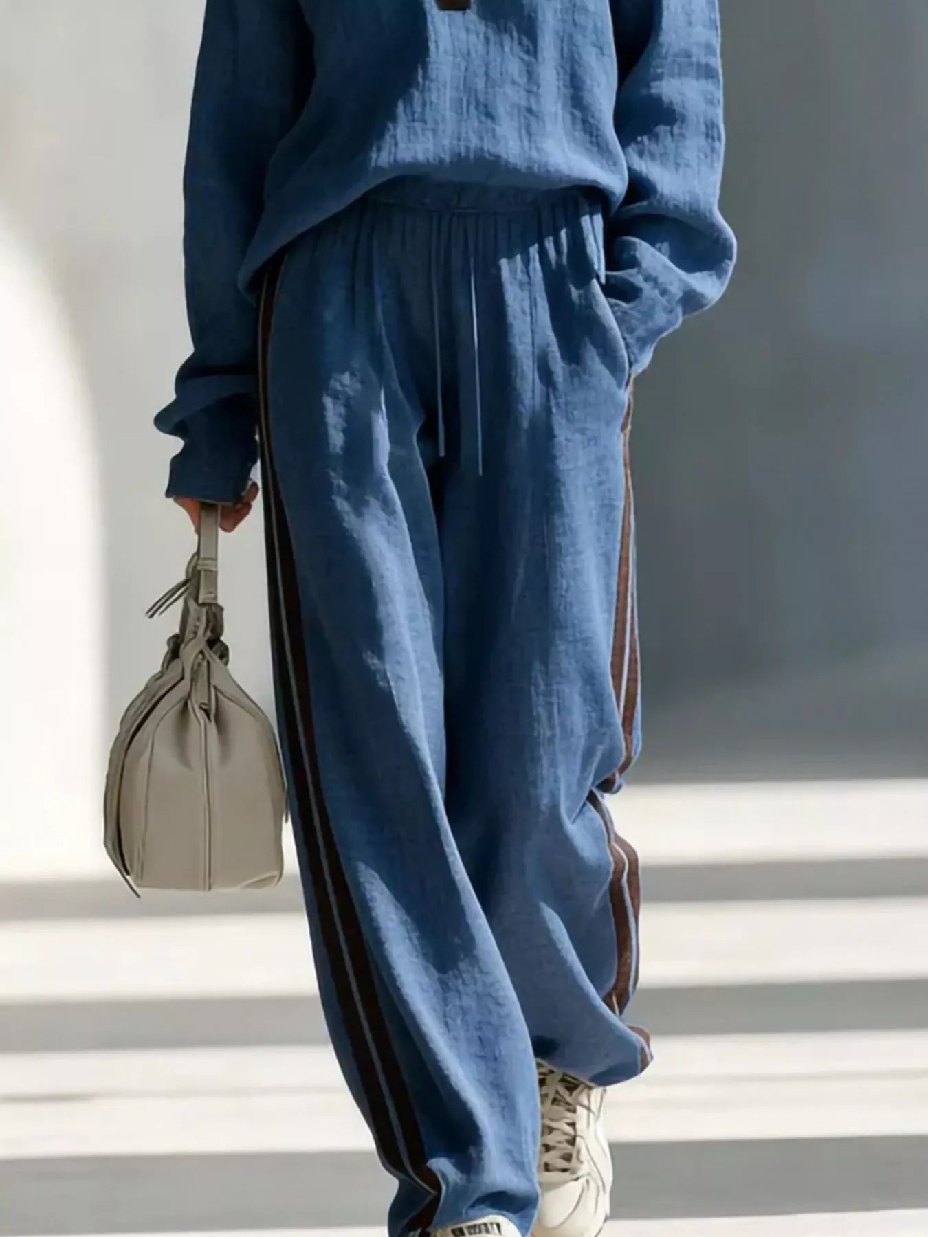 Trendsi Contrast V-Neck Top and Striped Pants Set -